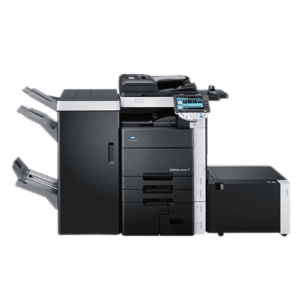 Modern multifunction office printer with finisher and trays.
